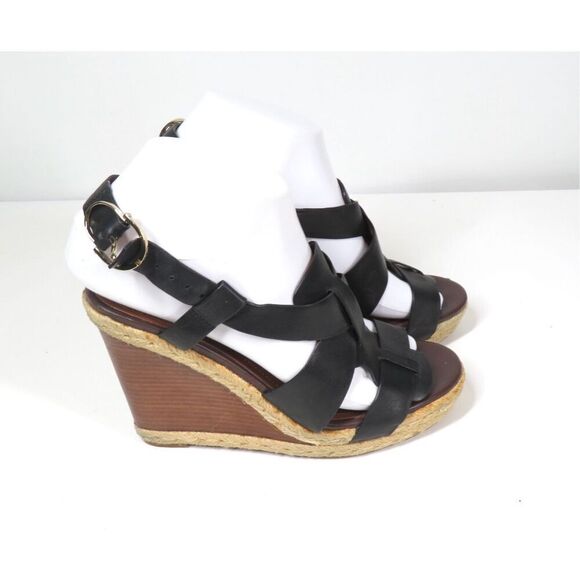 Cole Haan Strappy Black Leather Brown Wedge Slingback Sandals Women 6.5 - Picture 4 of 9